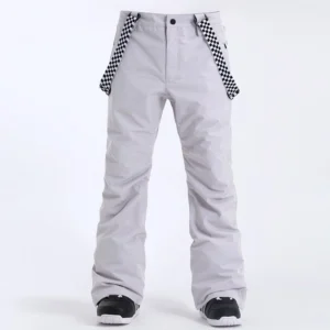 Light gray unisex snow ski pants with black and white checkerboard detachable suspenders and flared legs
