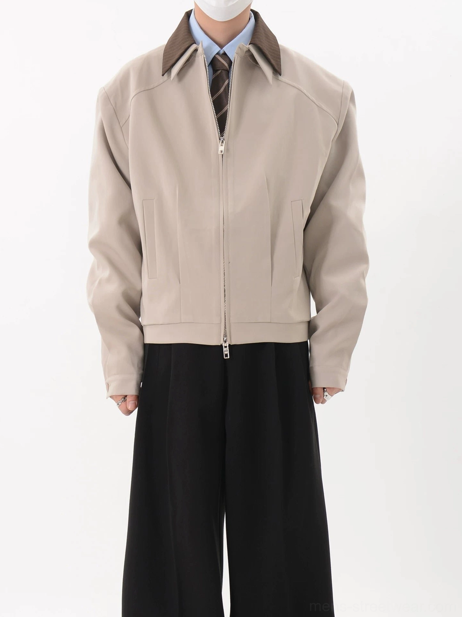 Light gray contrast corduroy collar zip blouson jacket Korean streetwear outfit full front view with dress shirt and tie