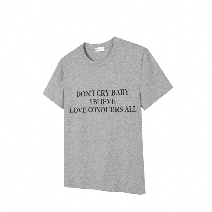 Light gray flat lay cotton jersey T-shirt with centered Don’t Cry Baby serif slogan print