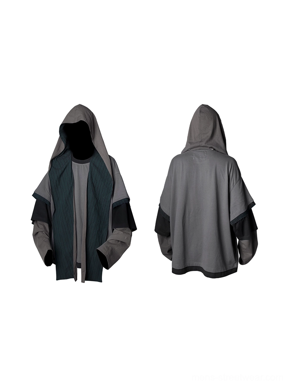 Three quarter view of light gray and dark green layered hooded sweatshirt with scarf overlay thumbhole sleeves and relaxed Korean fashion fit