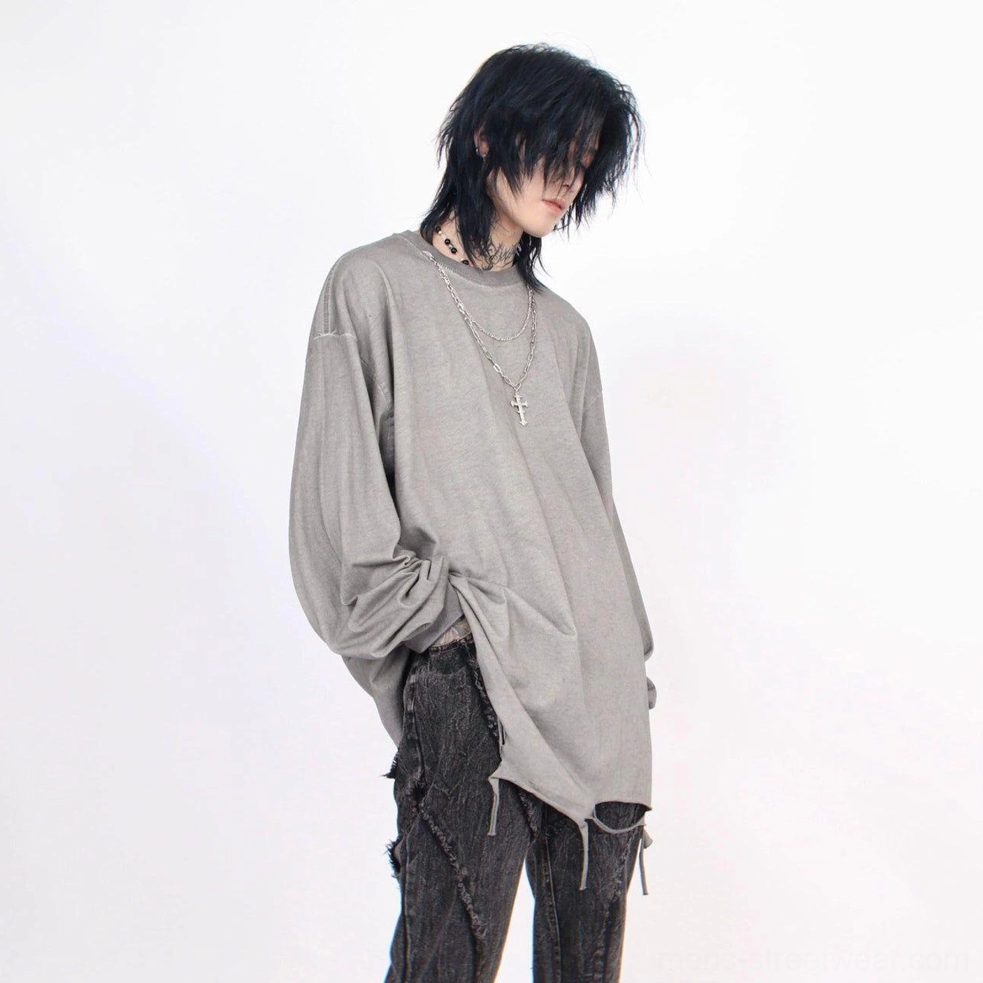 Light gray distressed oversized long-sleeve tee with dropped shoulders frayed hem and cross necklace