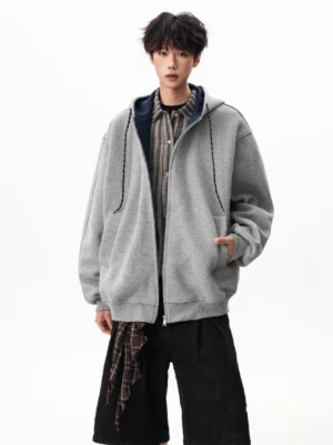Light gray fleece oversized zip-up hoodie with soft hood, full zipper, and relaxed Korean streetwear fit