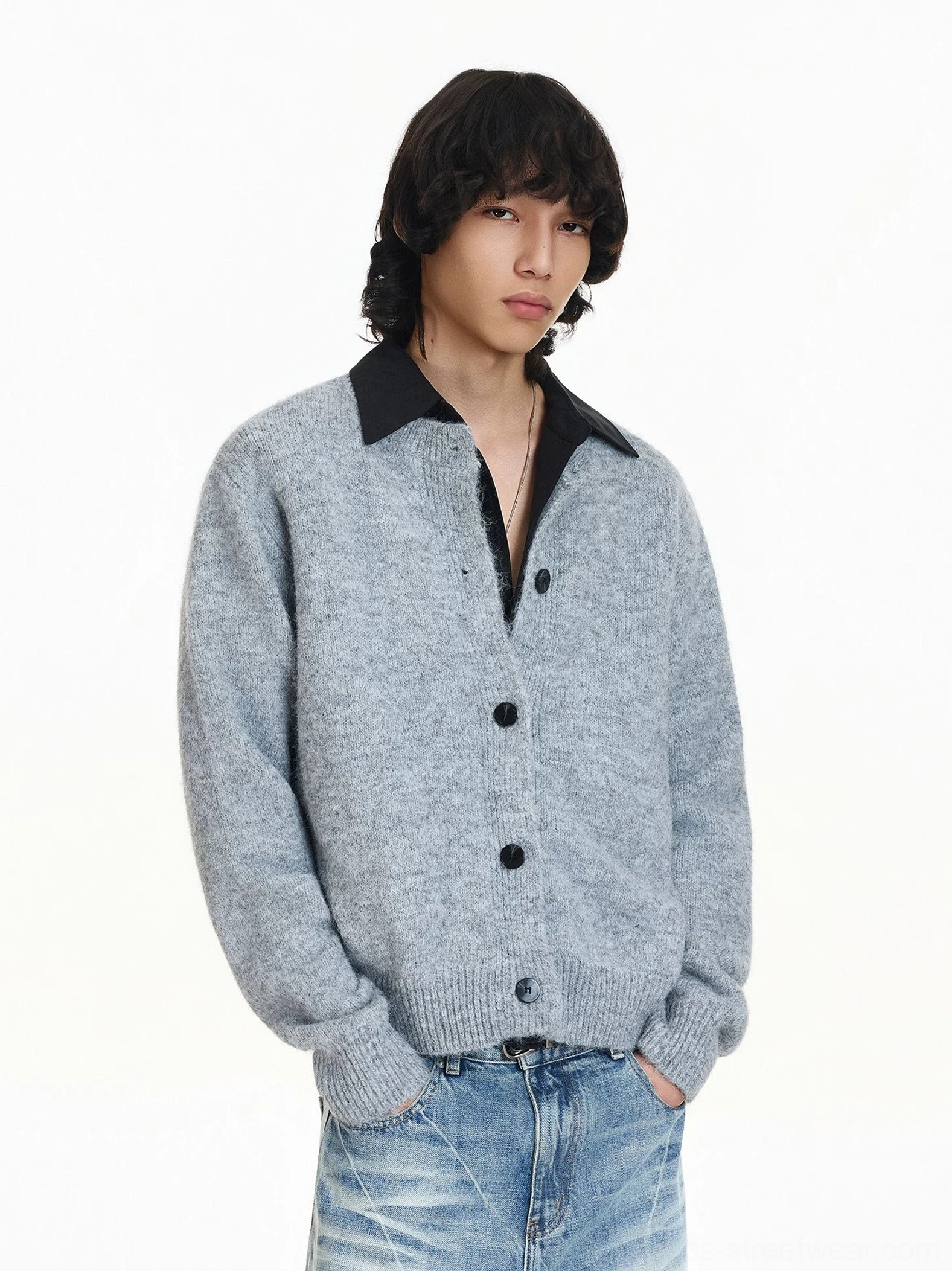Light gray Korean streetwear cardigan with brushed knit texture black collar and full button front layered over a black shirt