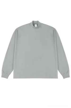 Light gray oversized cotton mock neck long sleeve streetwear tee with relaxed drop shoulders