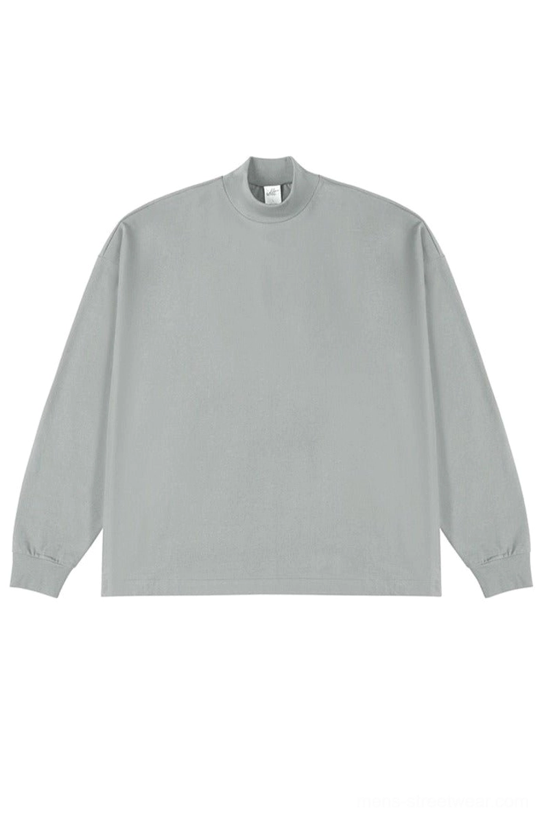 Light gray oversized cotton mock neck long sleeve streetwear tee with relaxed drop shoulders