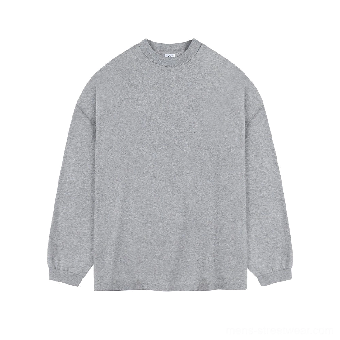 Light heather gray oversized heavyweight cotton crew neck long sleeve tee with drop shoulders and soft knit texture