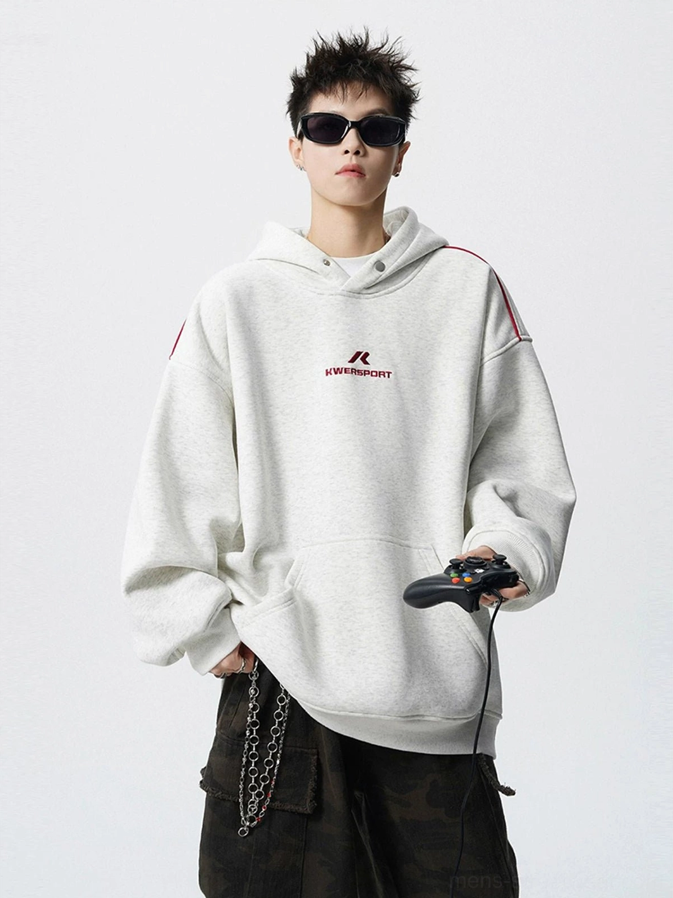 Light gray oversized streetwear hoodie with red shoulder stripes, drop shoulders, kangaroo pocket, and casual sport-inspired design