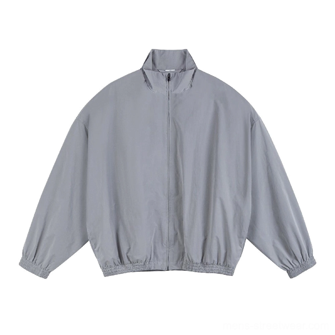 Light gray oversized stand collar windbreaker jacket front view with full zipper elastic cuffs and hem