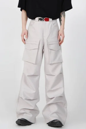Light gray pleated wide-leg cargo pants shown from the front with high waist, dual flap pockets, relaxed oversized fit, and Seoul-inspired streetwear styling