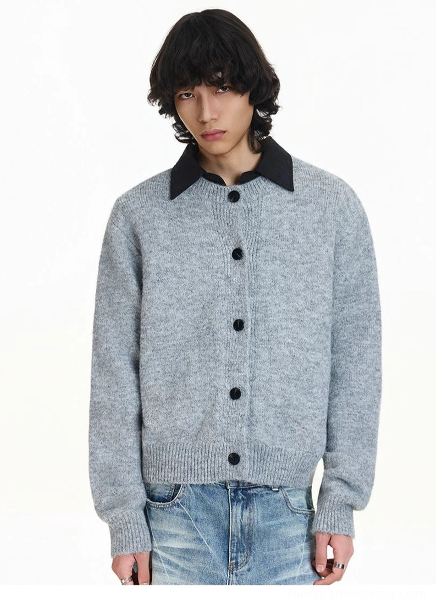 Light gray relaxed fit cardigan with long ribbed cuffs full button front and contemporary East Asian streetwear styling