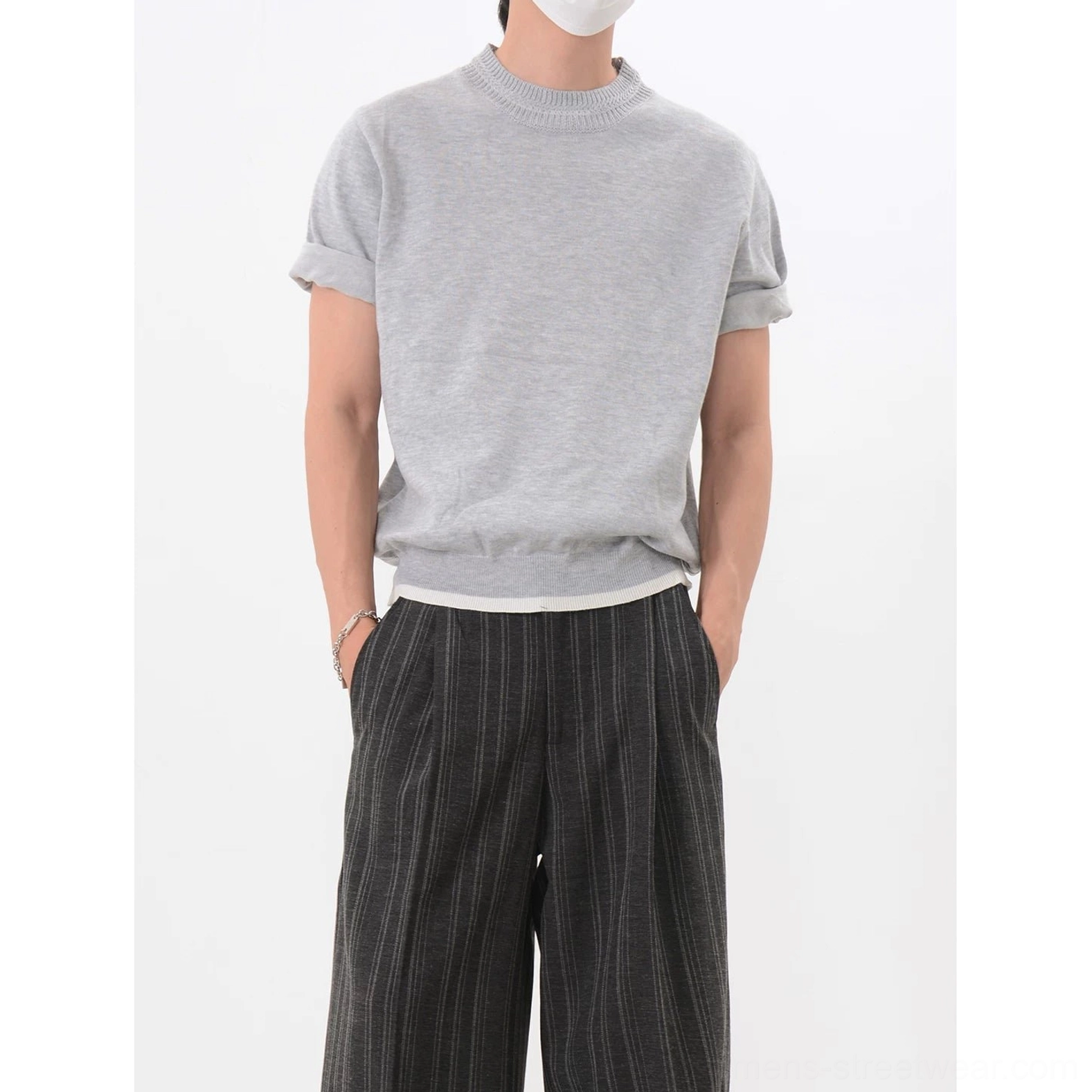Light gray vintage-inspired mock neck knit T-shirt with textured fabric, rolled cuffs, and layered contrast hem for East Asian streetwear styling