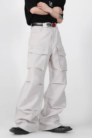 Light gray wide-leg cargo trousers in a front three-quarter view with front pleats, high-waisted fit, utility pockets, and contemporary Korean streetwear styling