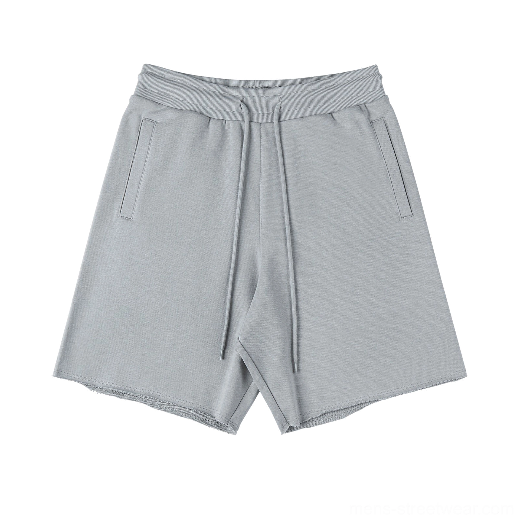 Light grey oversized sweat shorts flat lay display ribbed elastic waistband adjustable drawstring side pockets streetwear essentials