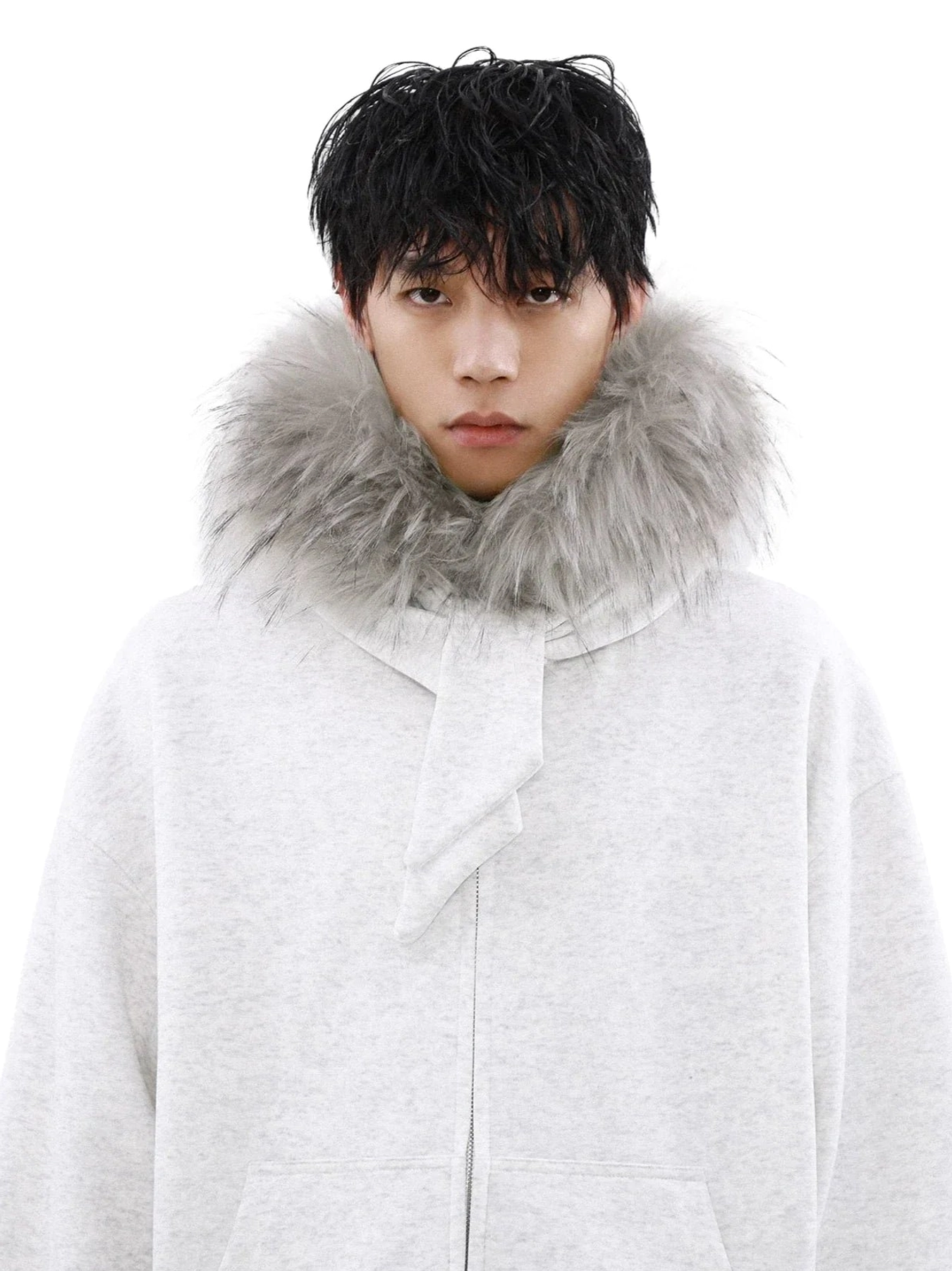 Close-up of light grey faux fur hood trim zip-up hoodie featuring soft fur collar and front bow detail