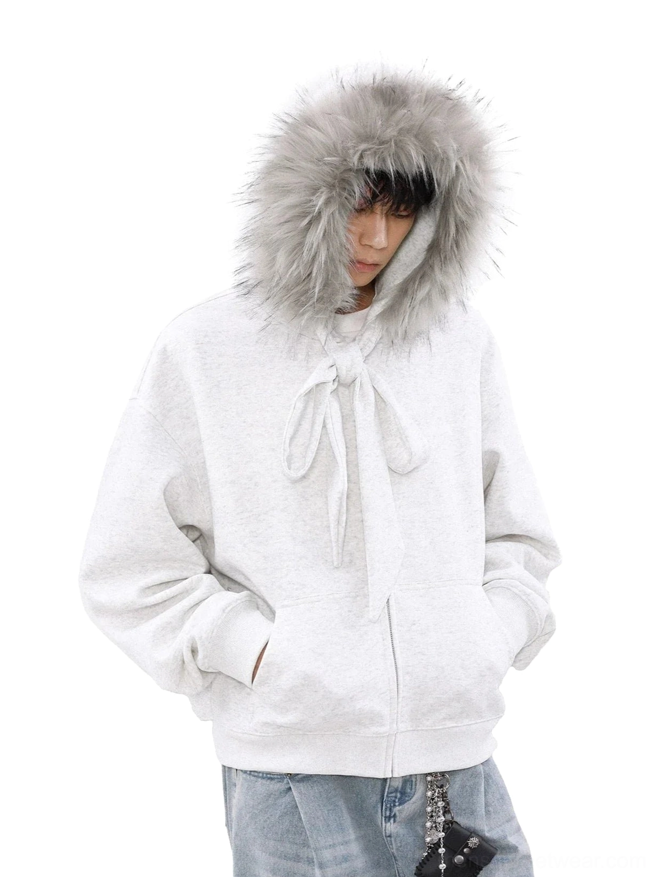 Side back view of light grey relaxed faux fur hood zip-up hoodie with front pouch pocket
