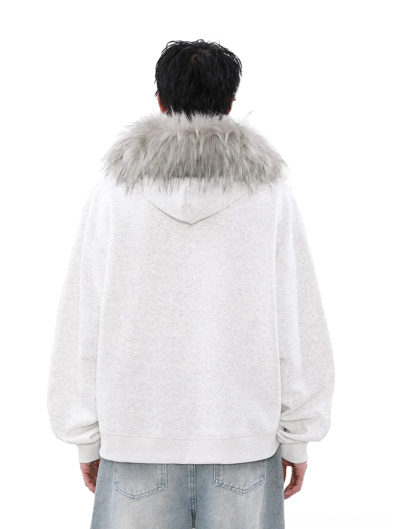 Back view of light grey faux fur trim zip-up hoodie with relaxed oversized streetwear silhouette