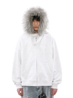 Light grey faux fur trim zip-up hoodie with bow detail shown in a front full-body Seoul streetwear outfit