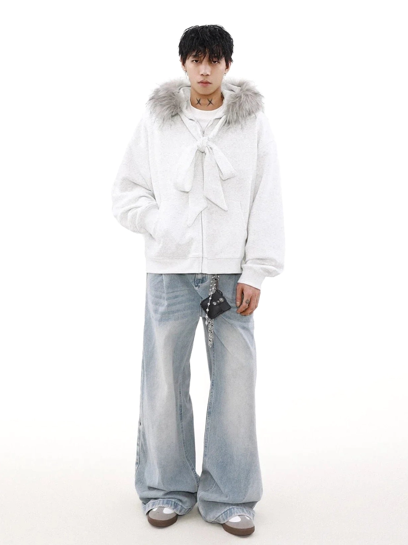 Front full-body view of light grey faux fur trim zip-up hoodie with bow detail and relaxed fit