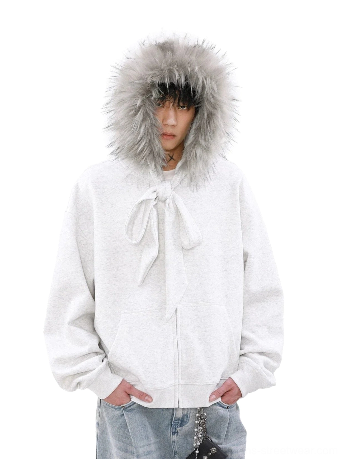 Light grey faux fur trim zip-up hoodie with chest bow detail shown from the front in a Korean streetwear look