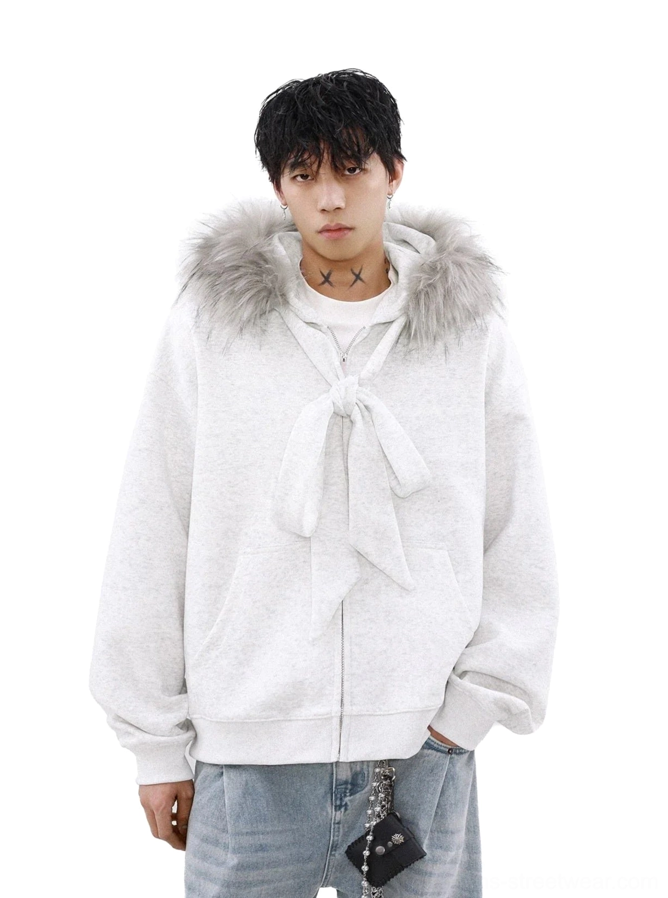 Light grey faux fur trim zip-up hoodie with hood lowered and bow chest accent