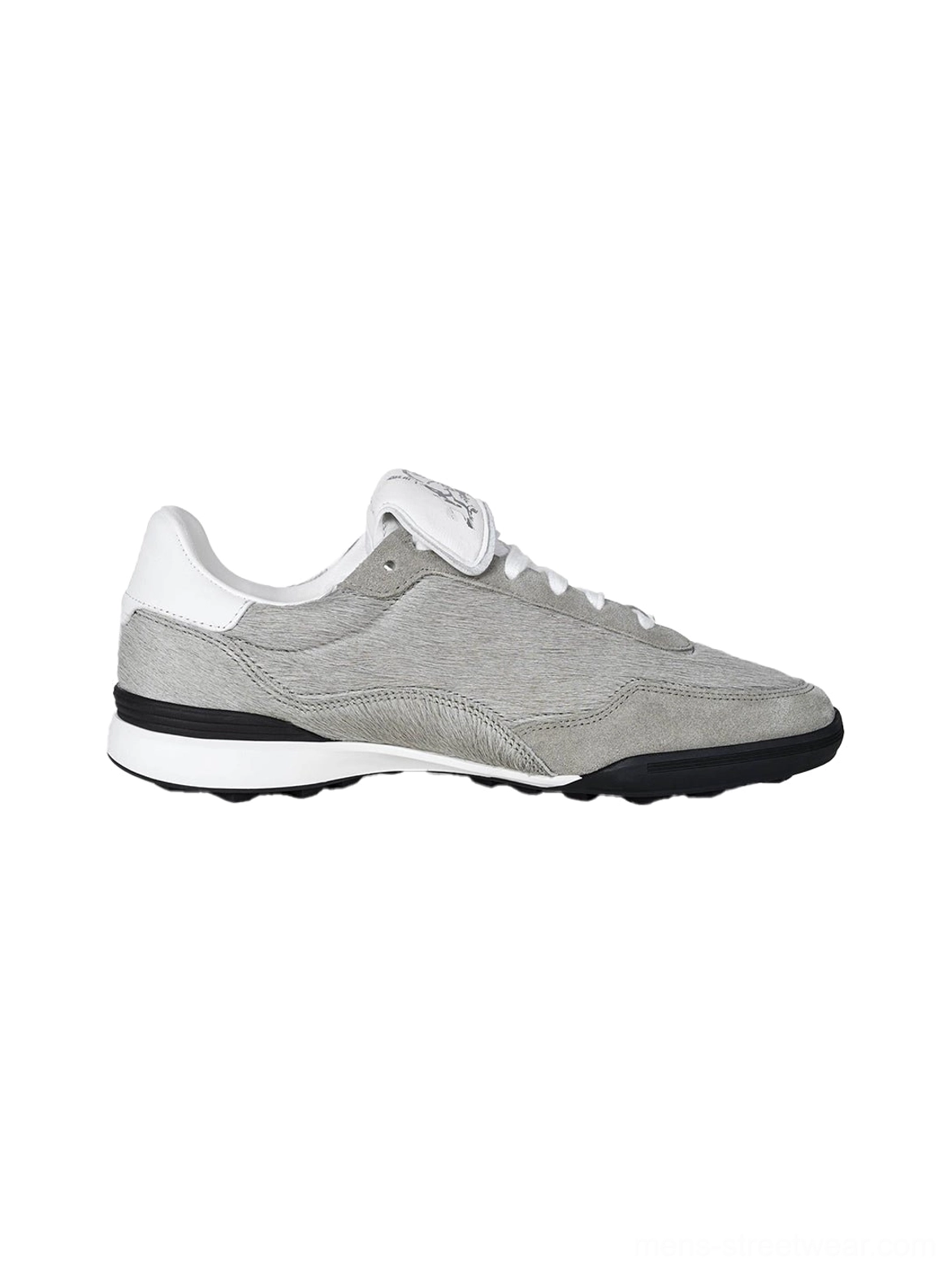 Right side view of a light grey fur-lined platform sneaker with white heel and tongue details and layered black and white chunky sole