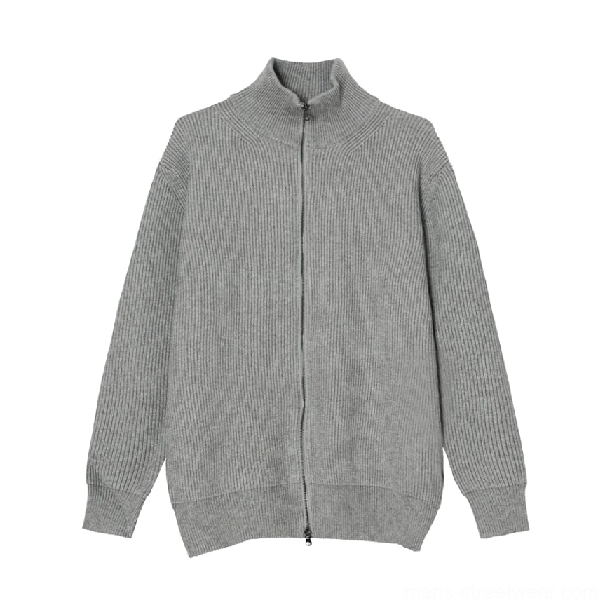 Light grey men's ribbed full-zip cardigan sweater variation with high stand collar and relaxed everyday streetwear silhouette