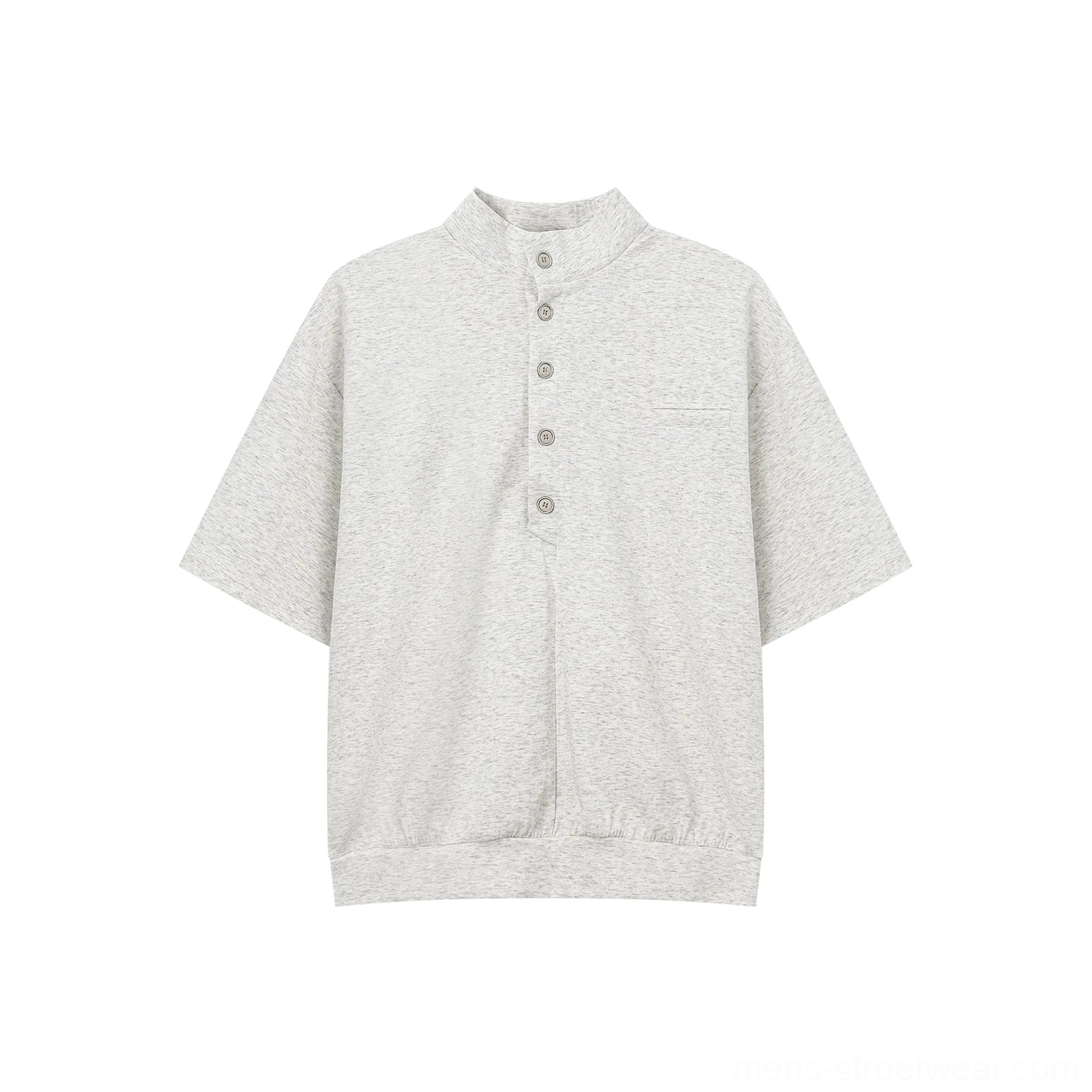 Light heather grey men's stand collar Henley polo shirt with chest pocket and relaxed loose fit