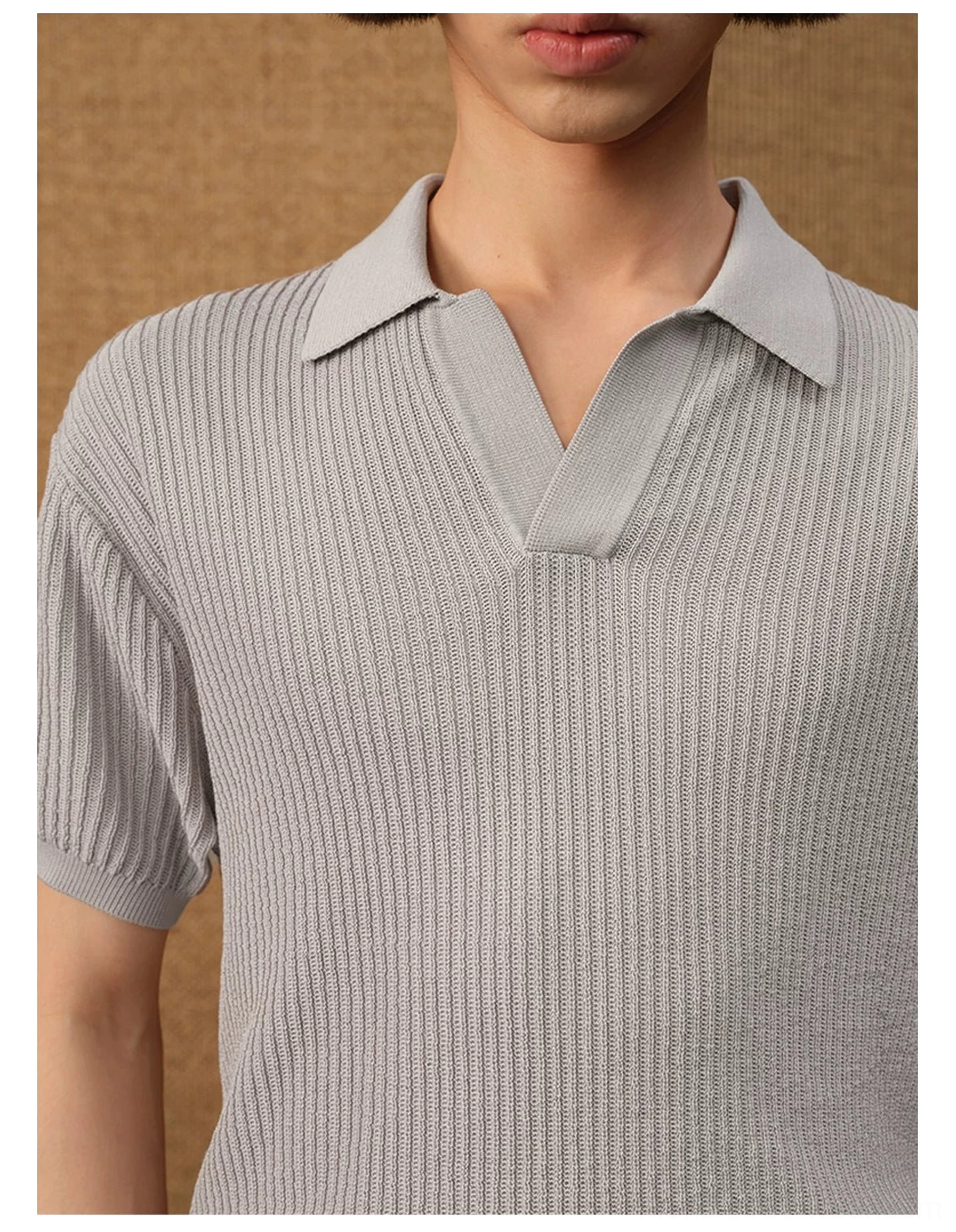 Light grey men's textured ribbed knit open-collar polo shirt shown in a close-up front view