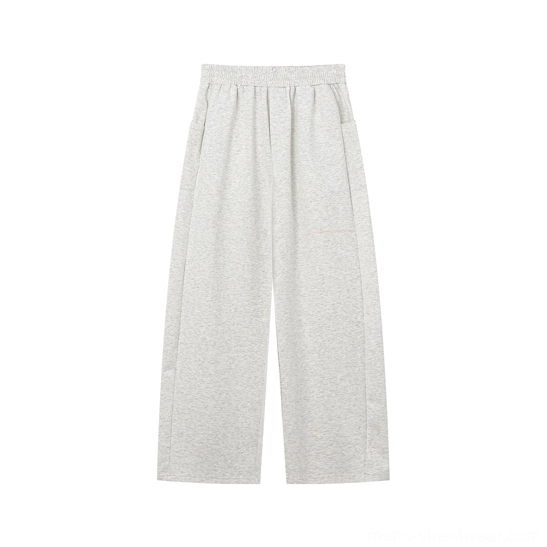 Light neutral grey men's wide-leg trousers with elastic waistband and side seam details