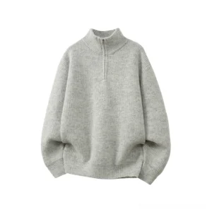 Light heather grey oversized half-zip mock neck rib knit sweater with vertical texture and relaxed drop shoulder streetwear silhouette