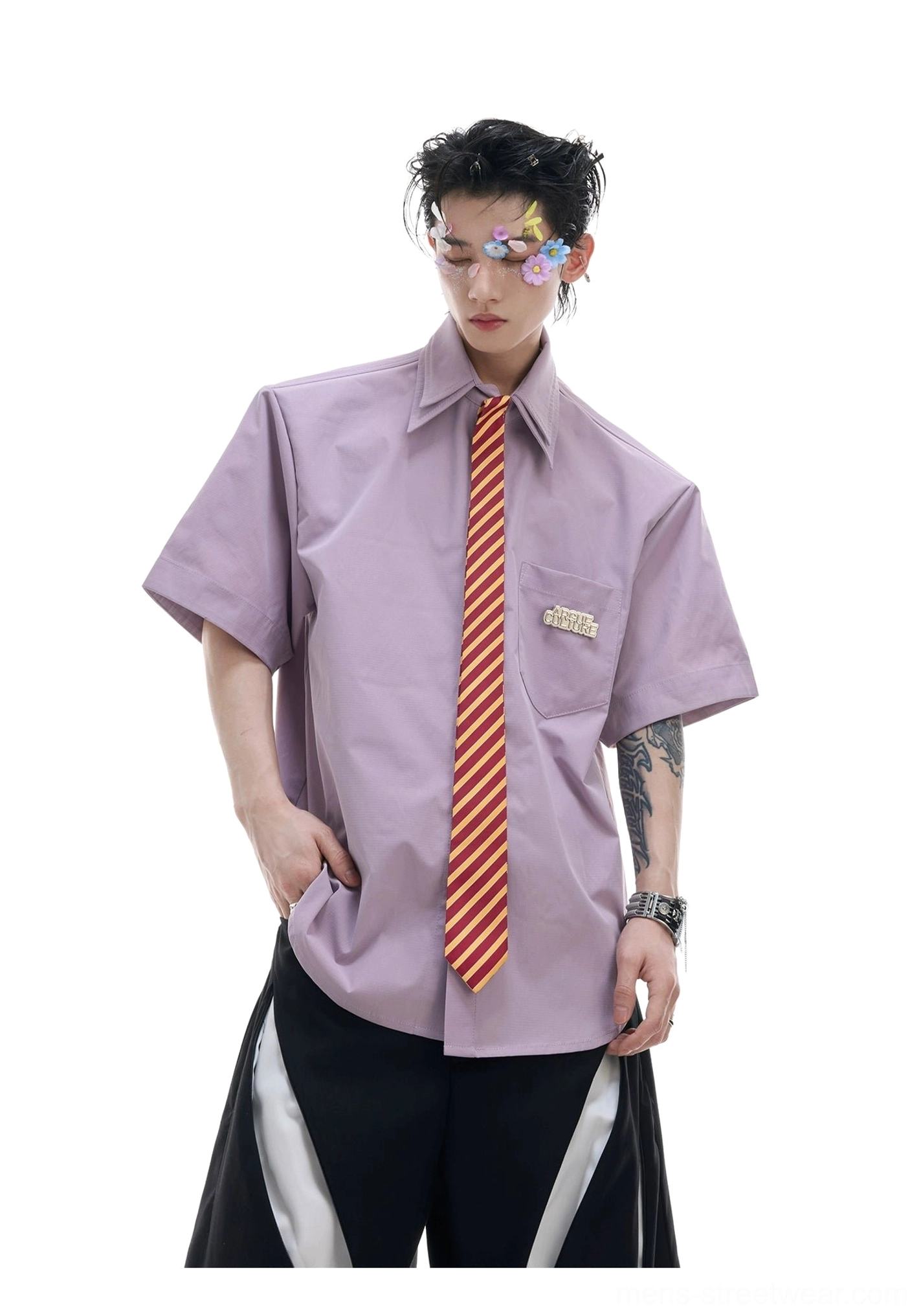 Light purple loose short sleeve shirt with orange red striped necktie and silver wrist jewelry