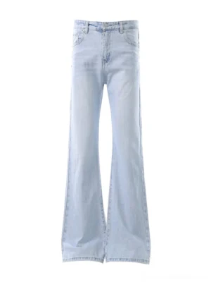 Light washed blue high rise flare jeans with five pocket styling and elongated straight to flare leg silhouette