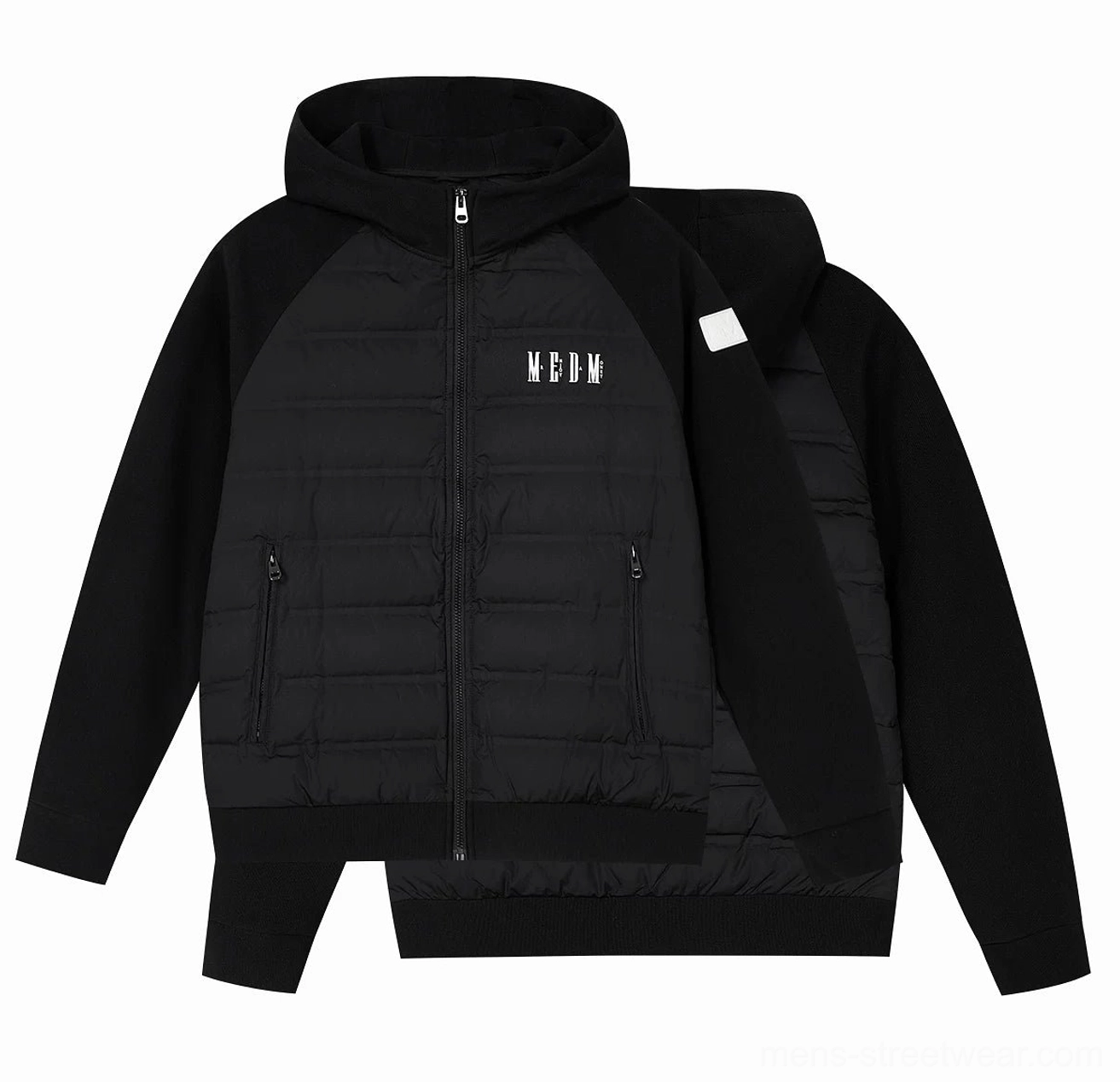 Black lightweight hybrid hooded goose down jacket flat lay showing contrast raglan sleeves ribbed hem and quilted body