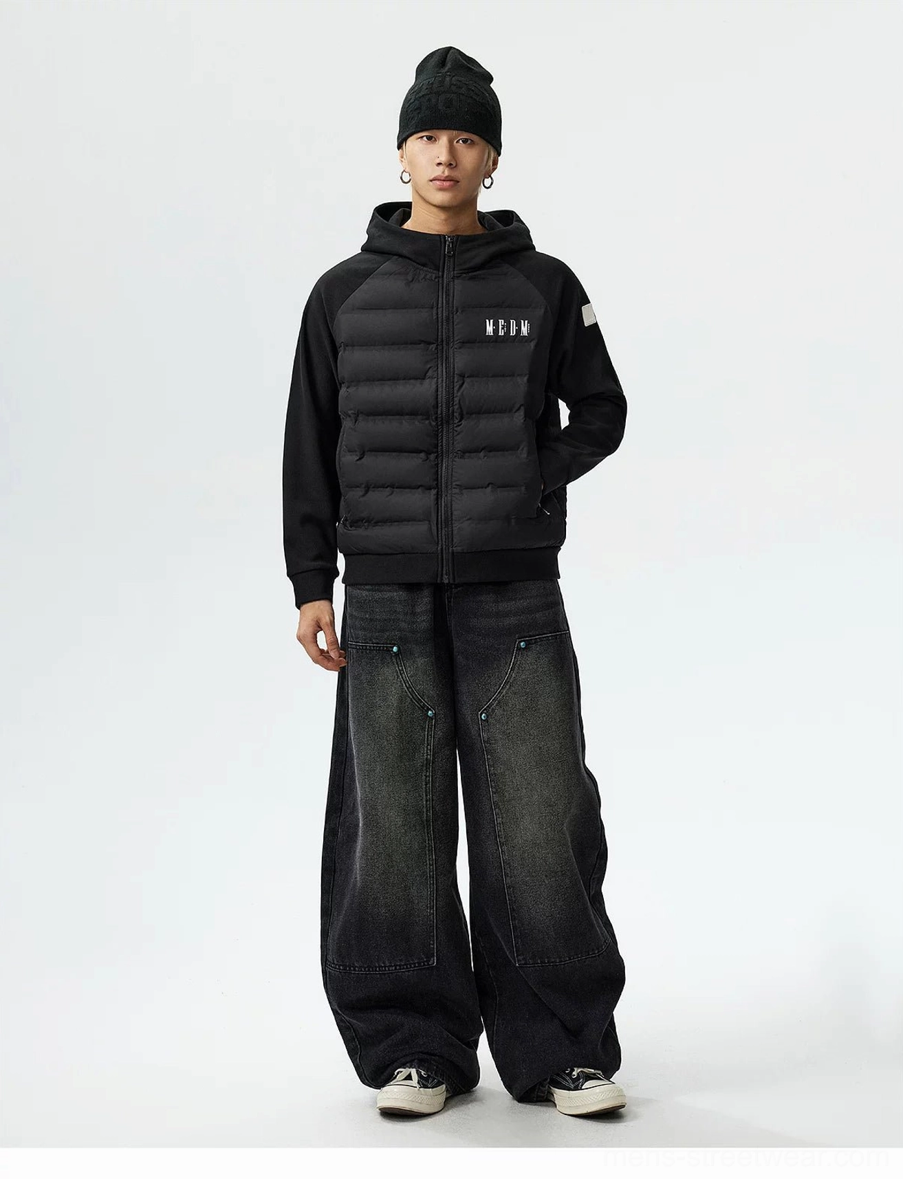 Lightweight hybrid hooded goose down jacket detailed product view with quilted insulated body and raglan sleeves