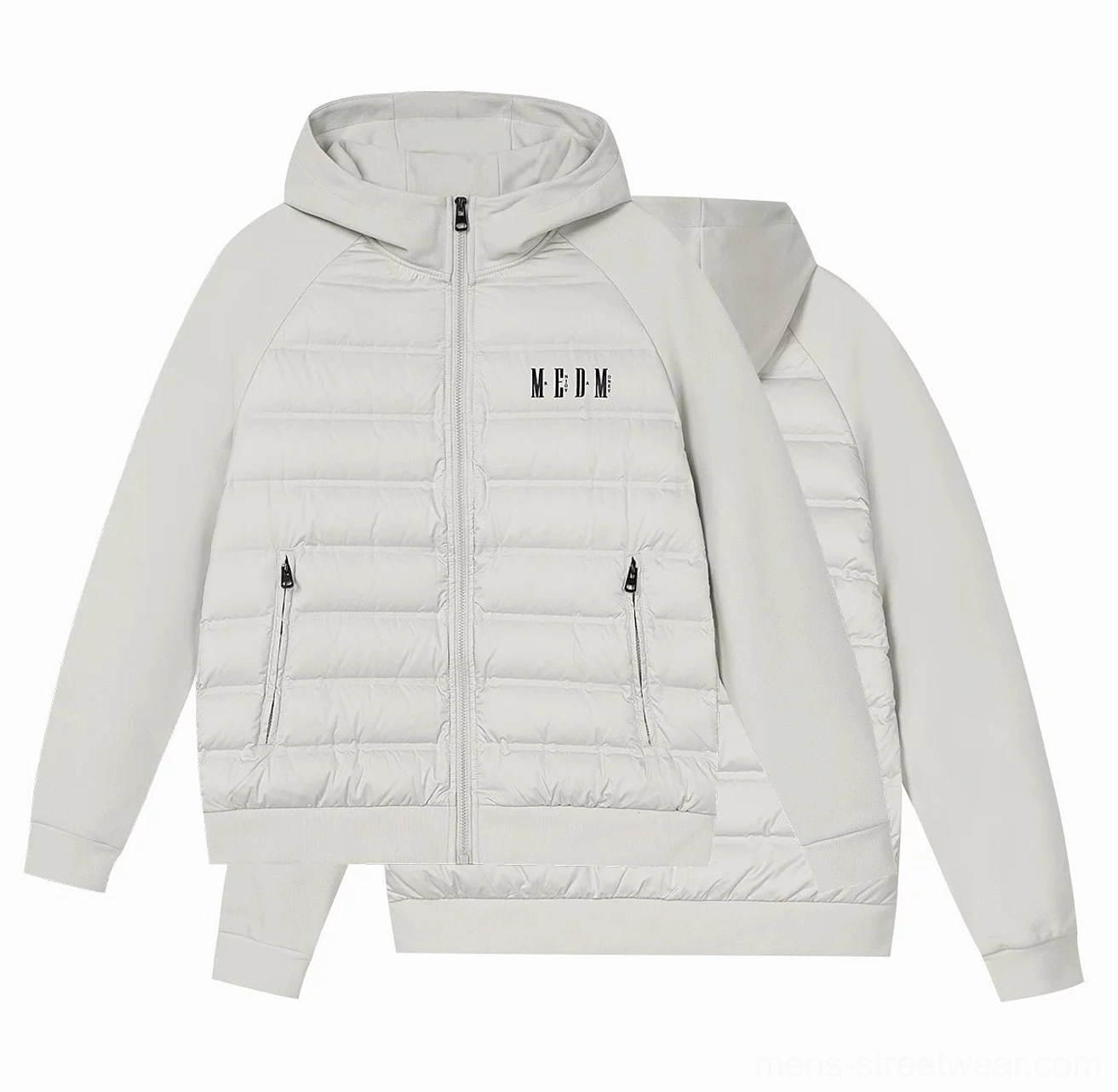 Light gray lightweight hybrid hooded goose down jacket flat lay showing quilted panels zip pockets and raglan construction