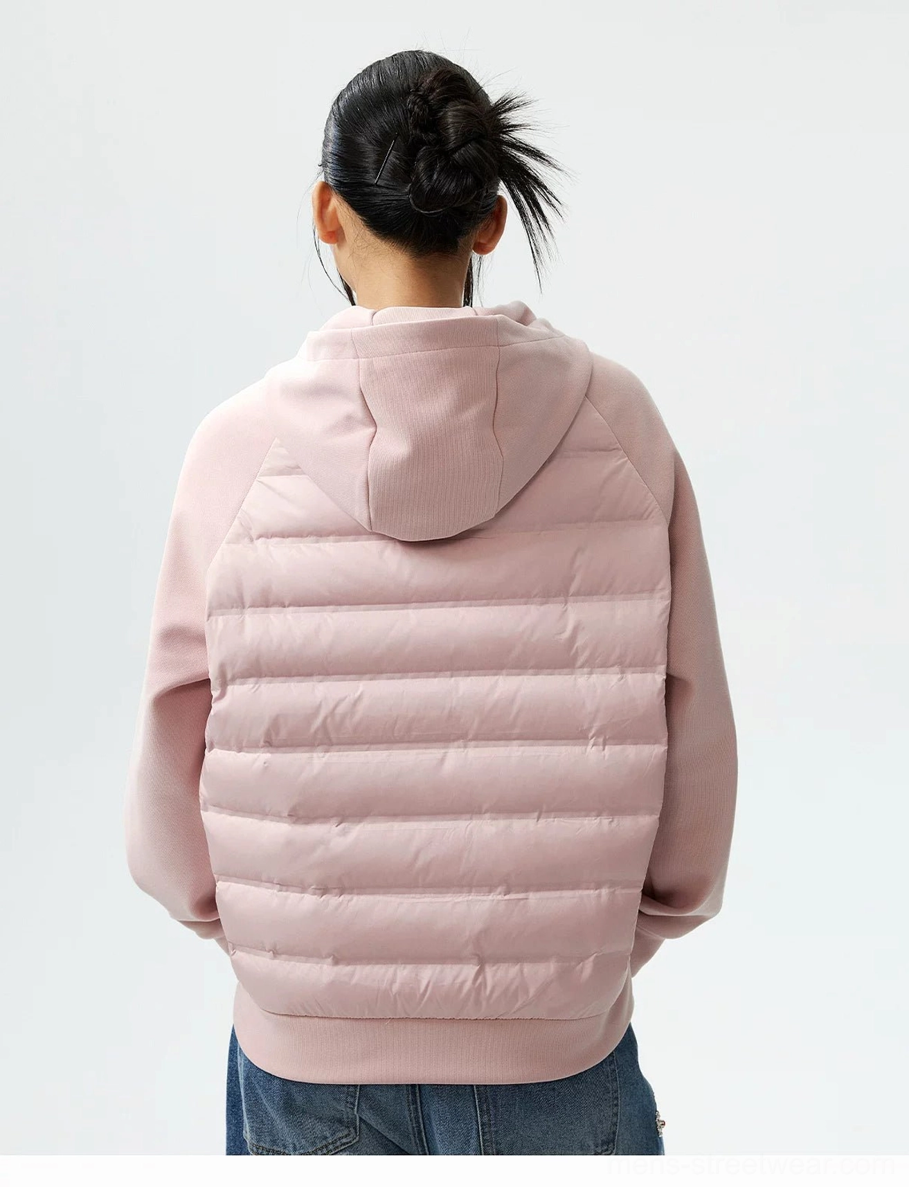 Ivory white lightweight hybrid hooded goose down jacket with attached hood and quilted padded body