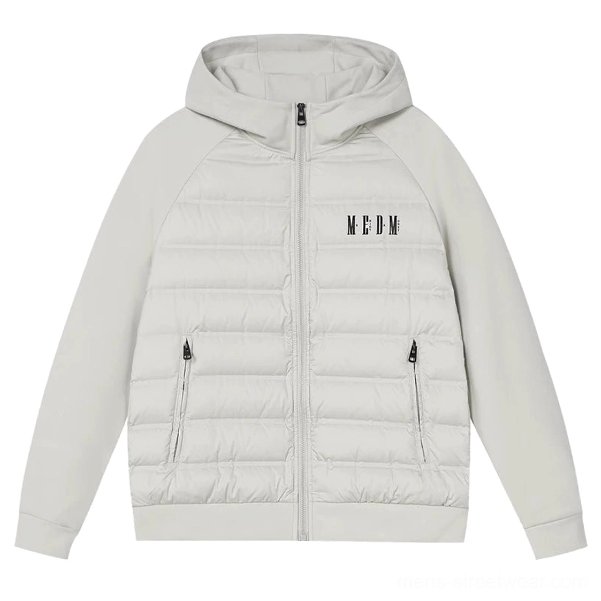 Ivory white lightweight hybrid hooded goose down jacket for Korean streetwear layering and transitional weather