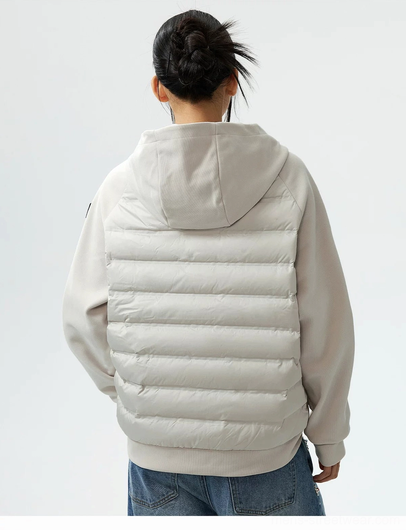 Lightweight hybrid hooded goose down jacket versatile cold weather streetwear layering product view