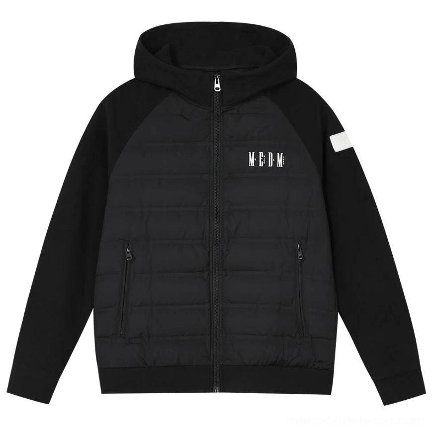 Lightweight hybrid hooded goose down jacket showing soft mixed fabric panels and insulated quilted construction