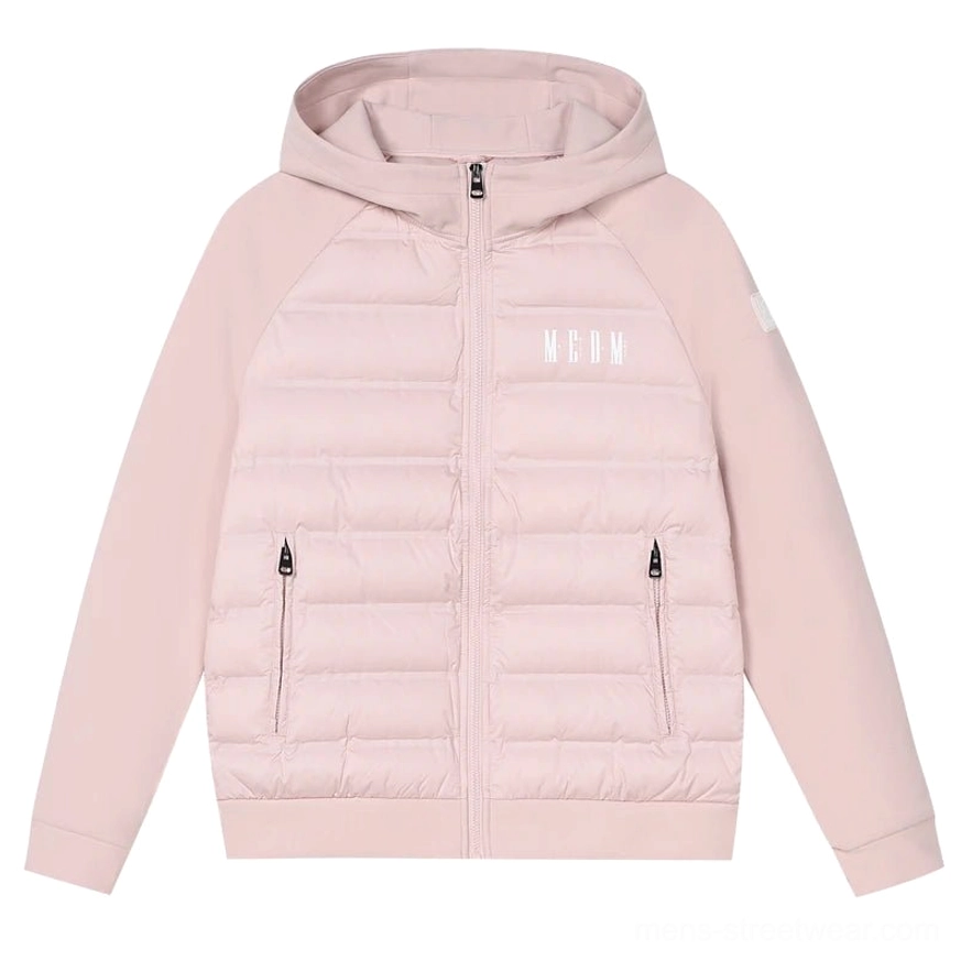 Pastel pink lightweight hybrid hooded goose down jacket with quilted body raglan sleeves and attached hood