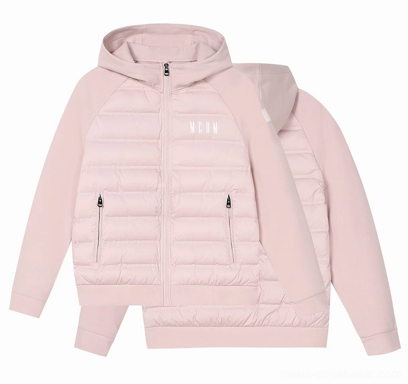 Pastel pink hybrid hooded goose down jacket flat lay showing full zip closure quilted body and side pockets