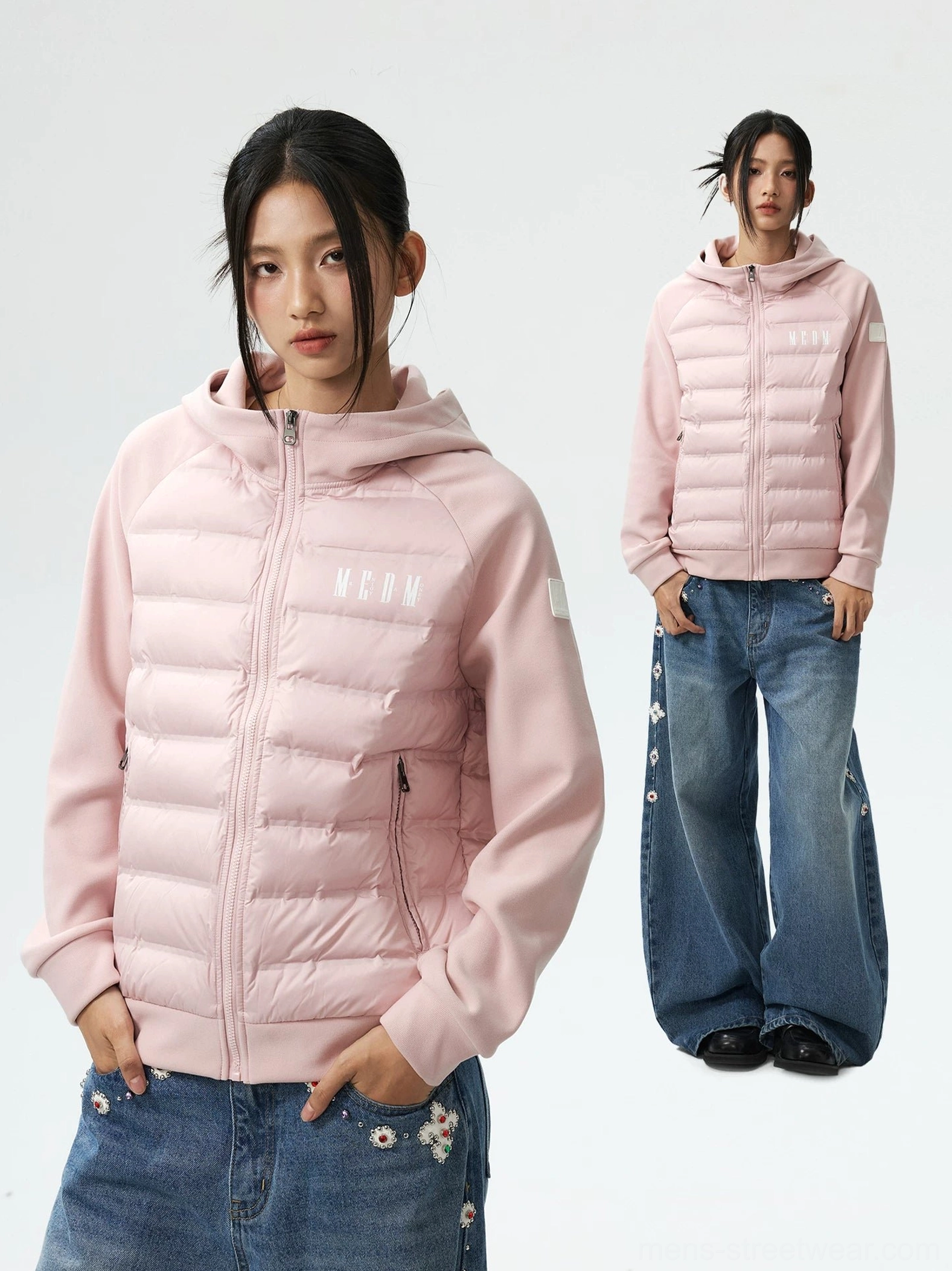 Pastel pink lightweight hybrid hooded goose down jacket with zip pockets and quilted front worn by models