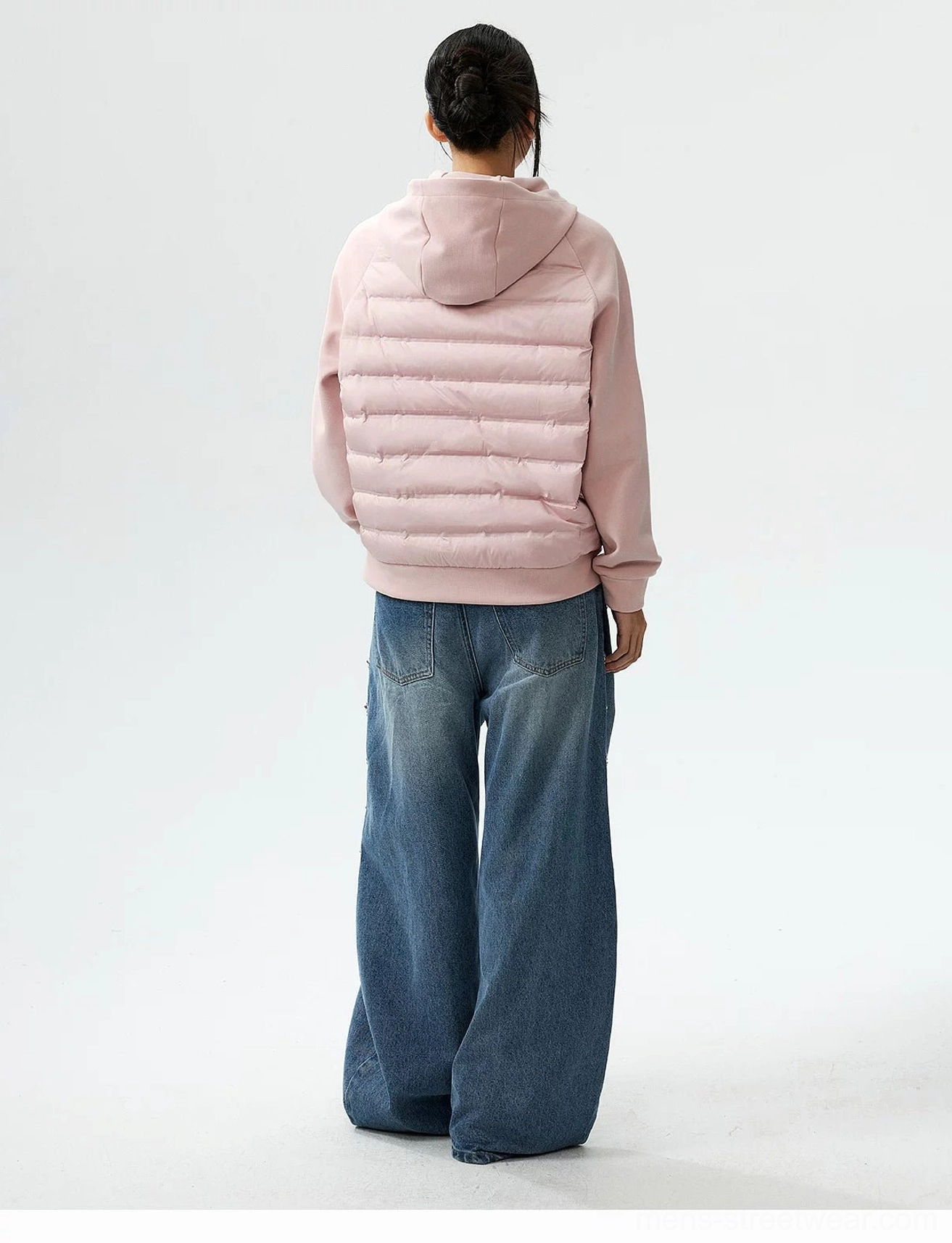 Lightweight hybrid hooded goose down jacket showing quilted down insulation and relaxed Korean streetwear silhouette
