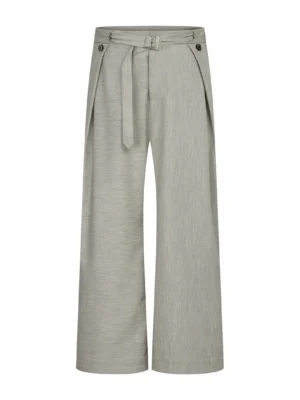 Linen gray pleated wide-leg trousers with matching tie waist belt, front pleats, side button accents, and textured woven fabric on white background