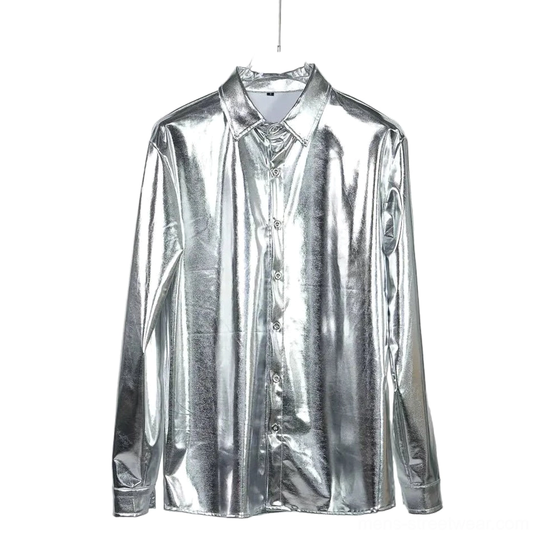 Silver liquid metal long sleeve shirt displayed on a hanger with classic point collar, full button placket, glossy fabric, and relaxed streetwear fit