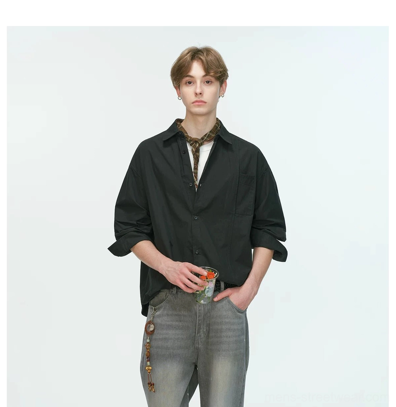 Long-sleeve relaxed poplin shirt with draped fit for modern mens Asian fashion and casual layering