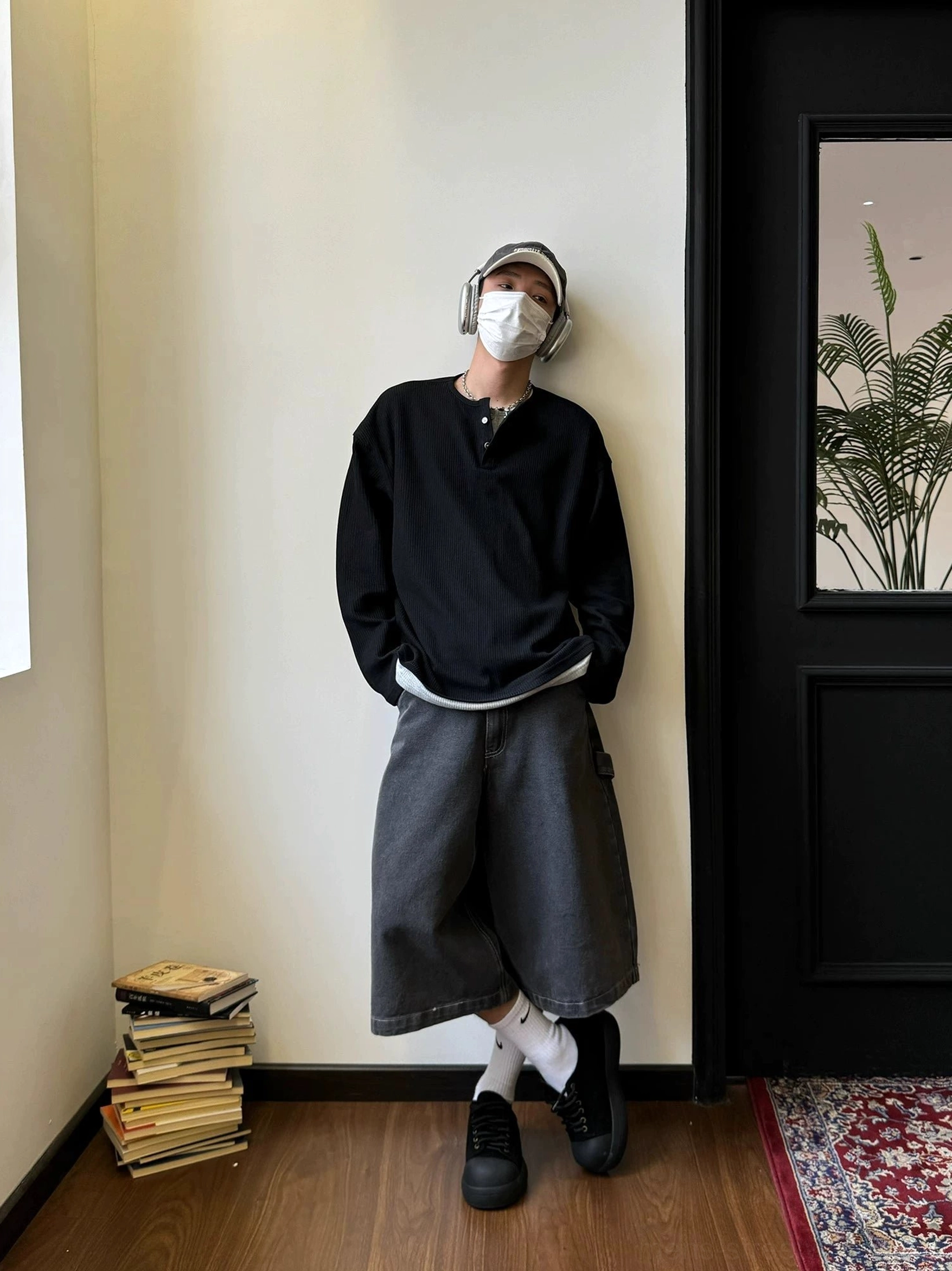Long-sleeve Henley shirt in waffle knit texture designed for Korean fashion layering and everyday wear