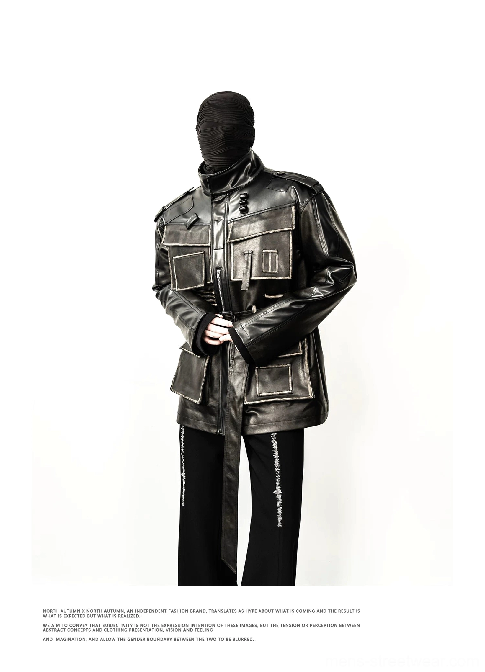 Longline distressed faux leather belted utility jacket featuring cargo pockets epaulettes and zip front