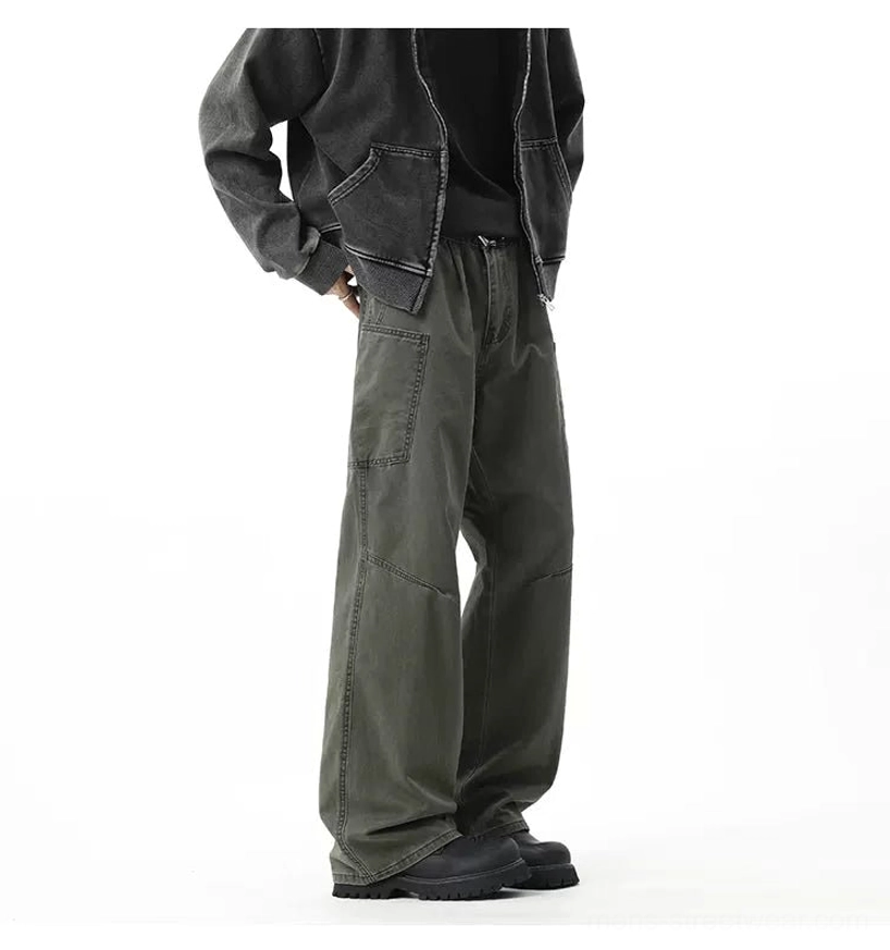 Loose fit utility cargo pants with wide legs, belt loops, structured seams, and versatile everyday streetwear silhouette