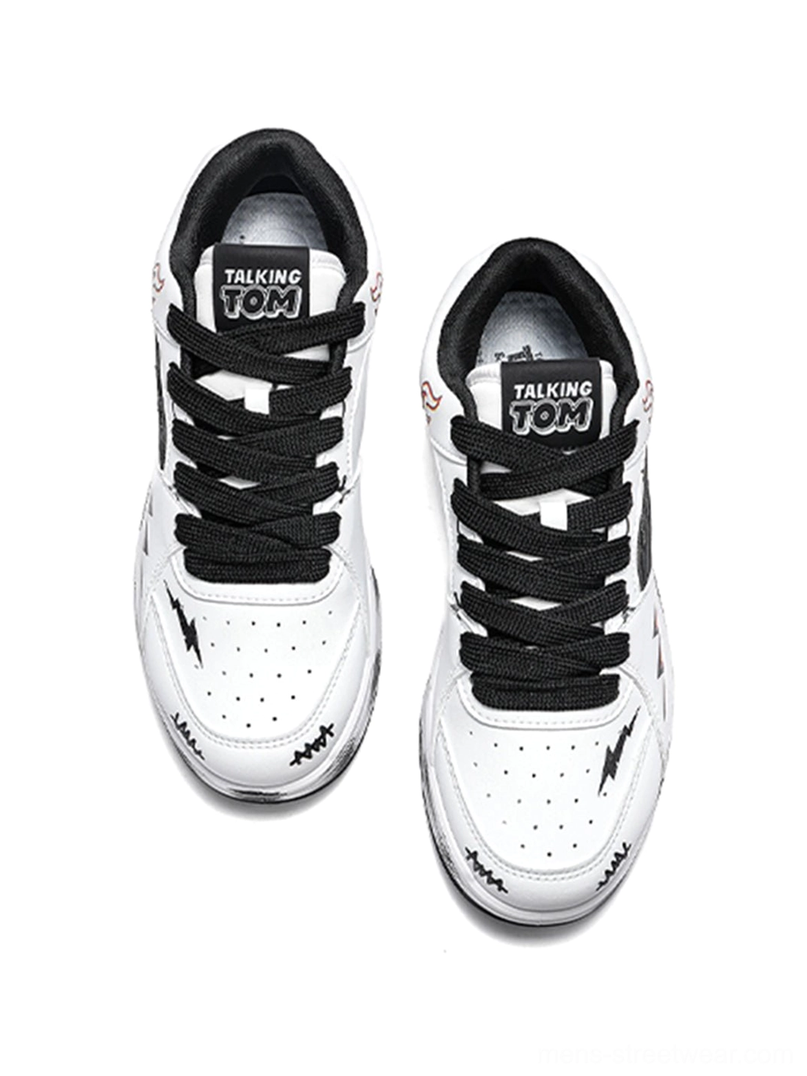 Top view of low-top flame graphic court sneakers with black laces, lightning graffiti on the toe caps, and graphic insoles